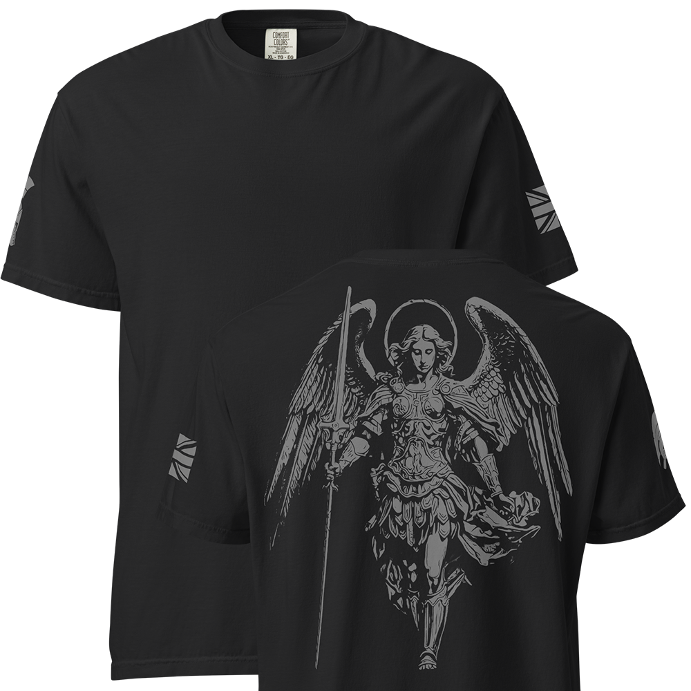Front and back view of Black short sleeve unisex fit classic cotton T-Shirt by Achilles Tactical Clothing Brand printed with Large Saint Michael design across back
