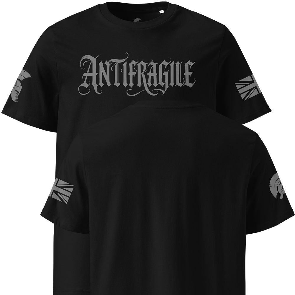 Black t-shirt with 'Antifragile' text and Union Jack design on sleeves against a white background