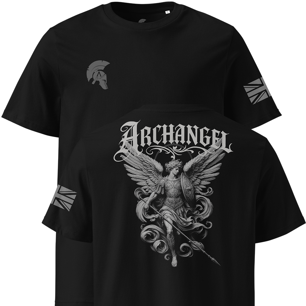 Black t-shirt with 'Archange' design and arm patches on a white background