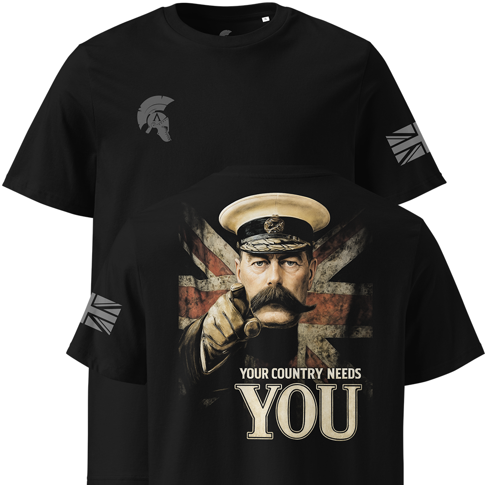 Black t-shirt with Lord Kitchener and 'Your Country Needs You' text on a white background