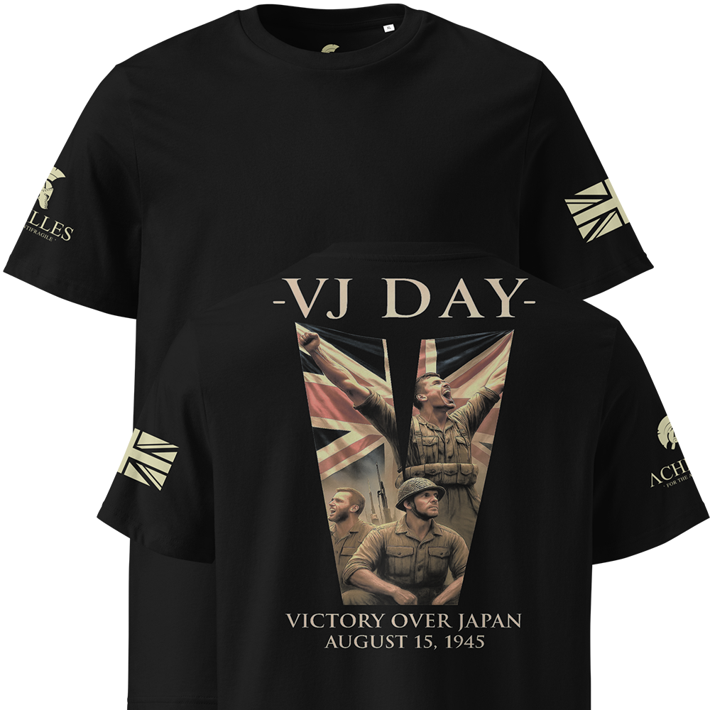 Black t-shirt with 'VJ Day' design featuring soldiers and a Union Jack, on a white background.