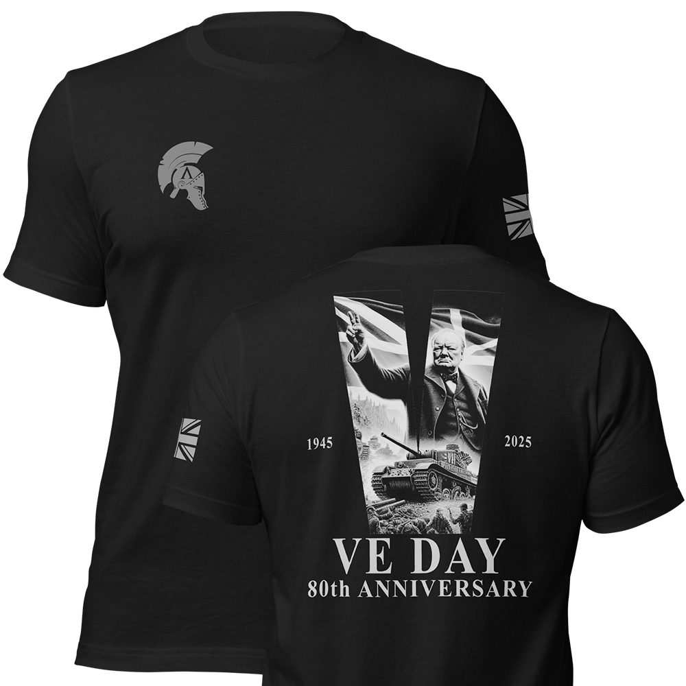 Front and back view of Black short sleeve unisex fit original cotton T-Shirt by Achilles Tactical Clothing Brand printed with VE DAY 80 design across back