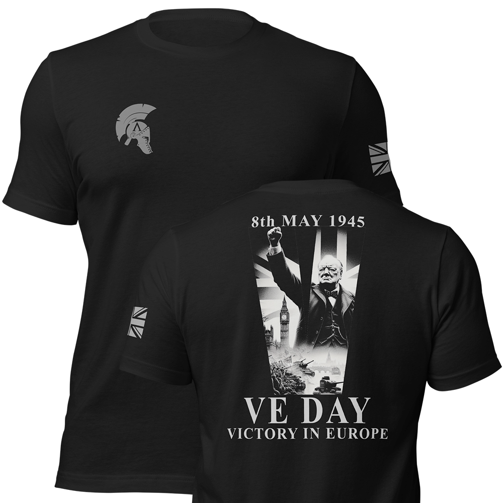 Front and back view of Black short sleeve unisex fit original cotton T-Shirt by Achilles Tactical Clothing Brand printed with VE DAY design across back