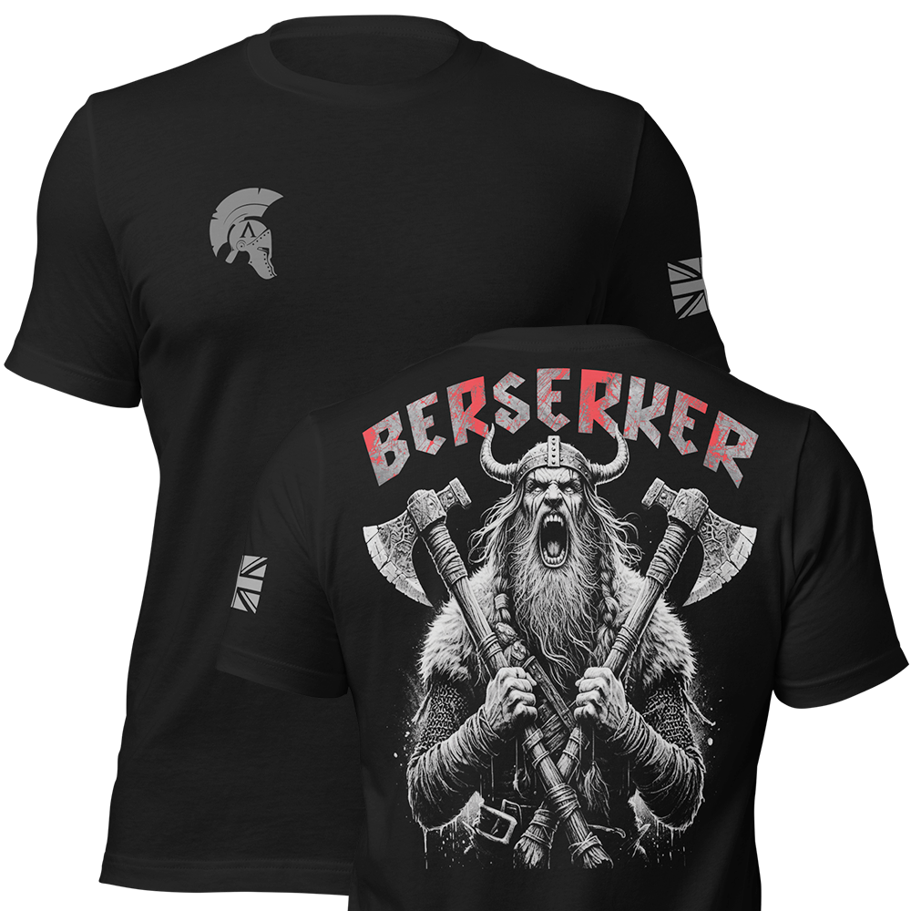 Front and back view of Black short sleeve unisex fit original cotton T-Shirt by Achilles Tactical Clothing Brand printed with Berserker design across back