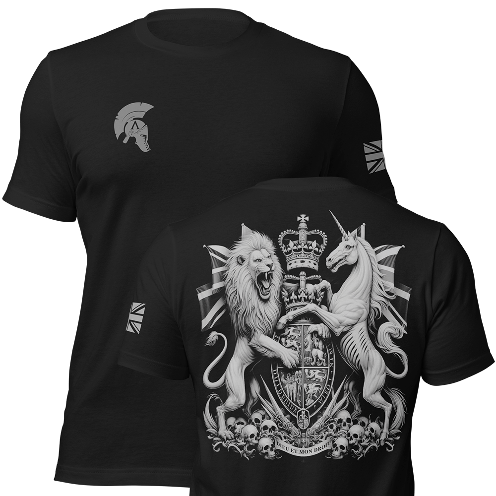Front and back view of Black short sleeve unisex fit original cotton T-Shirt by Achilles Tactical Clothing Brand printed with Coat of Arms design across back