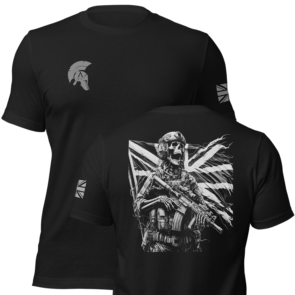 Front and back view of Black short sleeve unisex fit original cotton T-Shirt by Achilles Tactical Clothing Brand printed with Defending the flag design across back