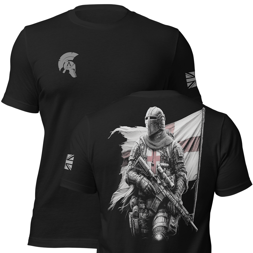 Front and back view of Black short sleeve unisex fit original cotton T-Shirt by Achilles Tactical Clothing Brand printed with English Knight II design across back