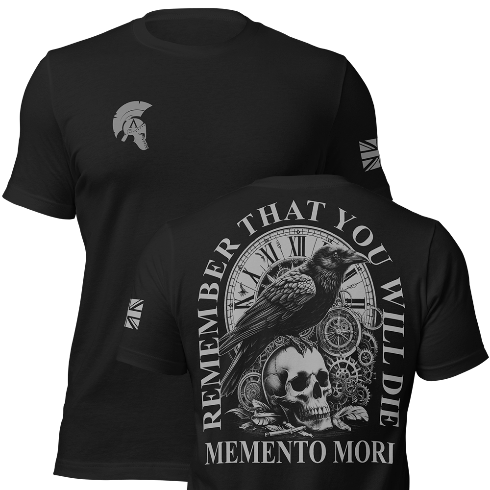 Front and back view of Black short sleeve unisex fit original cotton T-Shirt by Achilles Tactical Clothing Brand printed with Memento Mori design across back