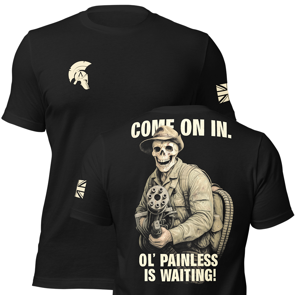 Front and back view of Black short sleeve unisex fit original cotton T-Shirt by Achilles Tactical Clothing Brand printed with Ol' Painless design across back