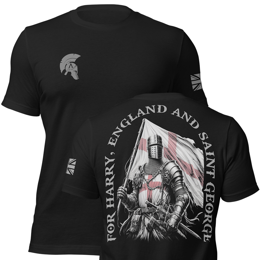 Front and back view of Black short sleeve unisex fit original cotton T-Shirt by Achilles Tactical Clothing Brand printed with Saint George design across back
