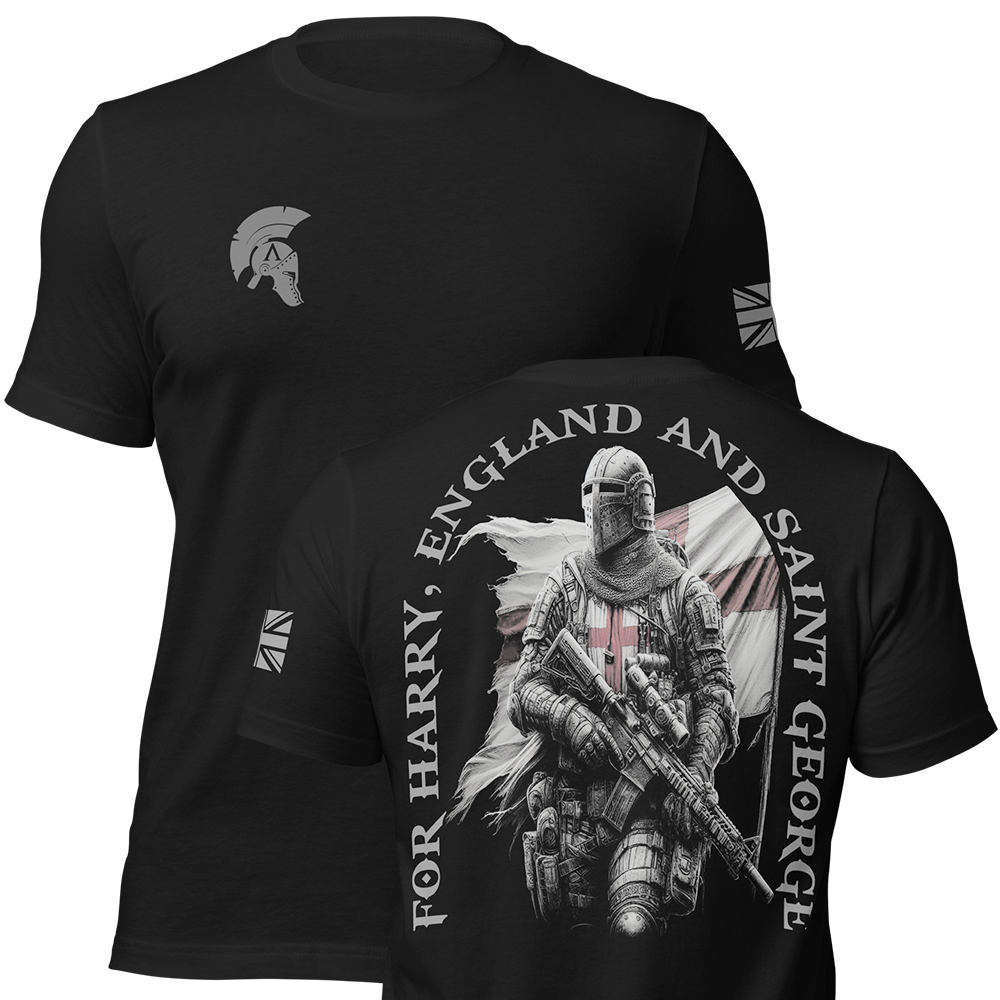 Front and back view of Black short sleeve unisex fit original cotton T-Shirt by Achilles Tactical Clothing Brand printed with Saint George II design across back