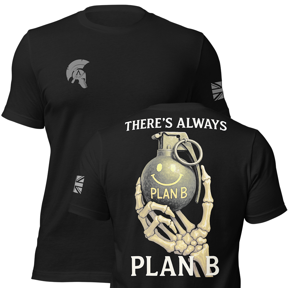 Front and back view of Black short sleeve unisex fit original cotton T-Shirt by Achilles Tactical Clothing Brand printed with There's always plan B design across back