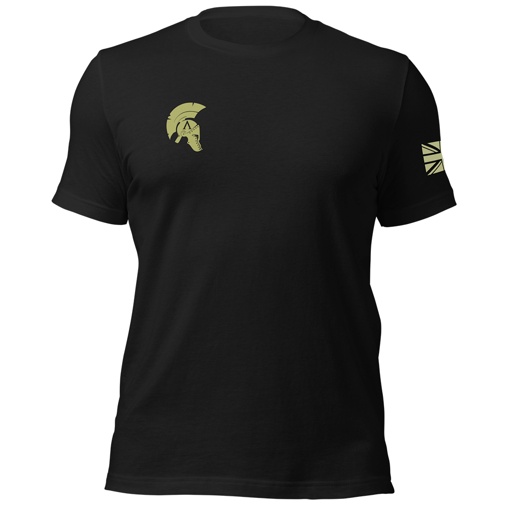 Front view of Black short sleeve unisex fit original cotton T-Shirt by Achilles Tactical Clothing Brand printed with Royal marines Commando design across back