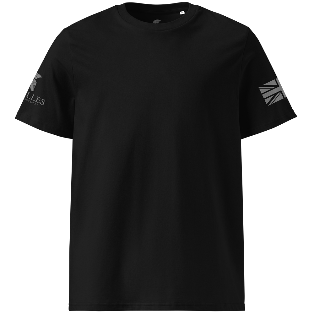 Black t-shirt with logos on the sleeves against a white background