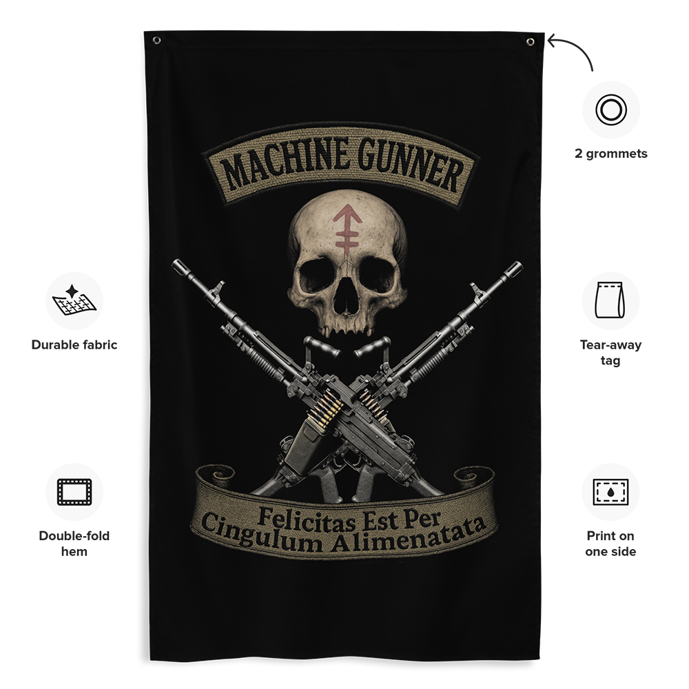 Front view of all over print vertical banner flag from Achilles Tactical Clothing Brand with Machine Gunner design with details