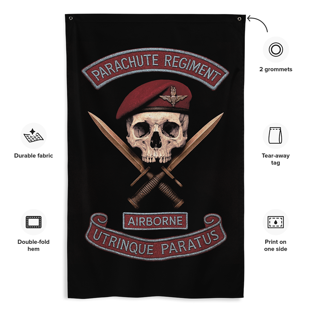 Front view of all over print vertical banner flag from Achilles Tactical Clothing Brand with Parachute Regiment Airborne design with details