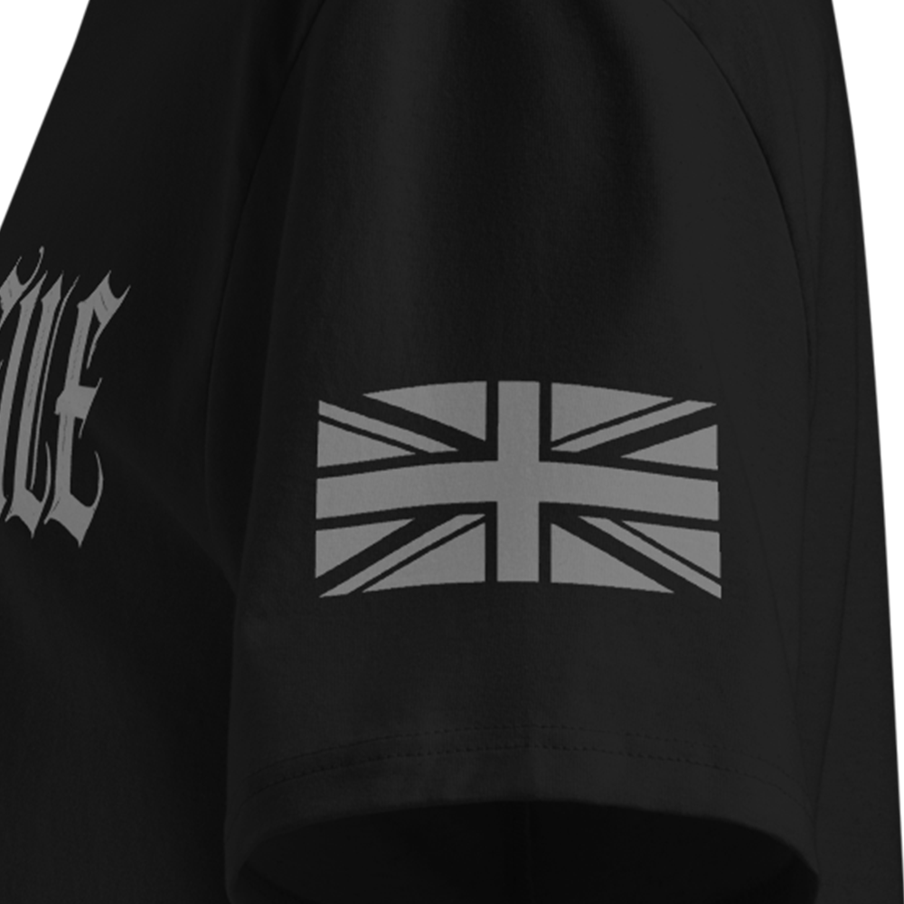 Black T-shirt sleeve with a Union Jack design on the sleeve against a white background
