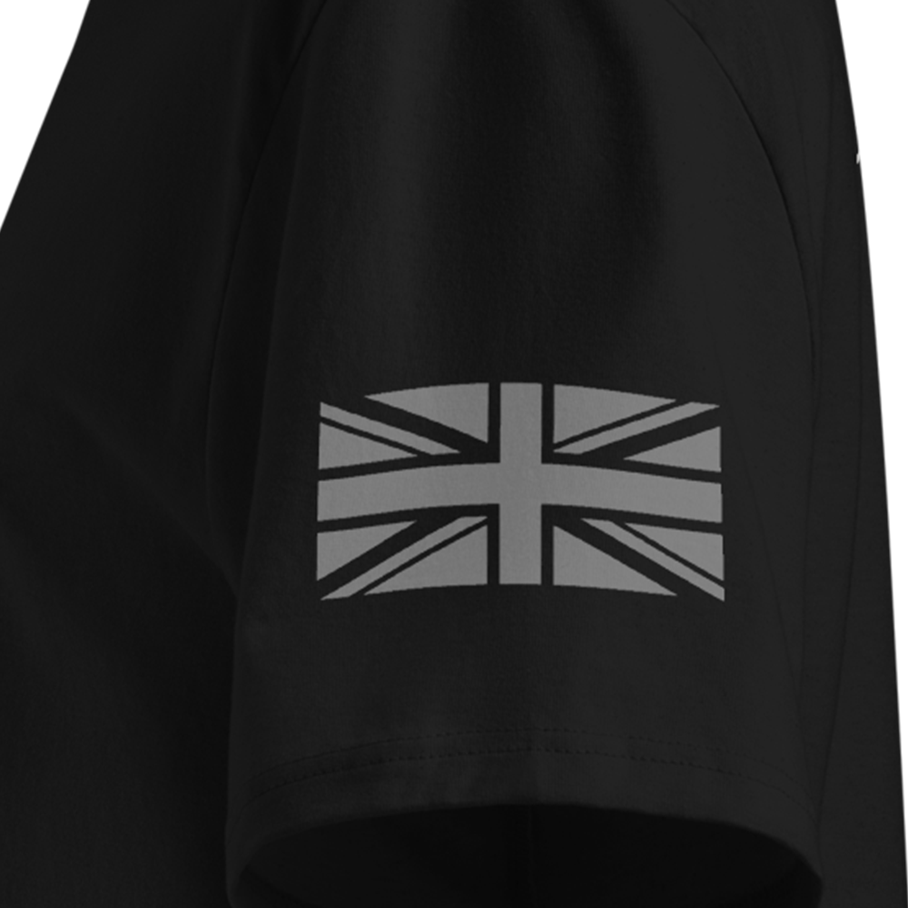 Black T-shirt sleeve with a Union Jack design on the sleeve against a white background