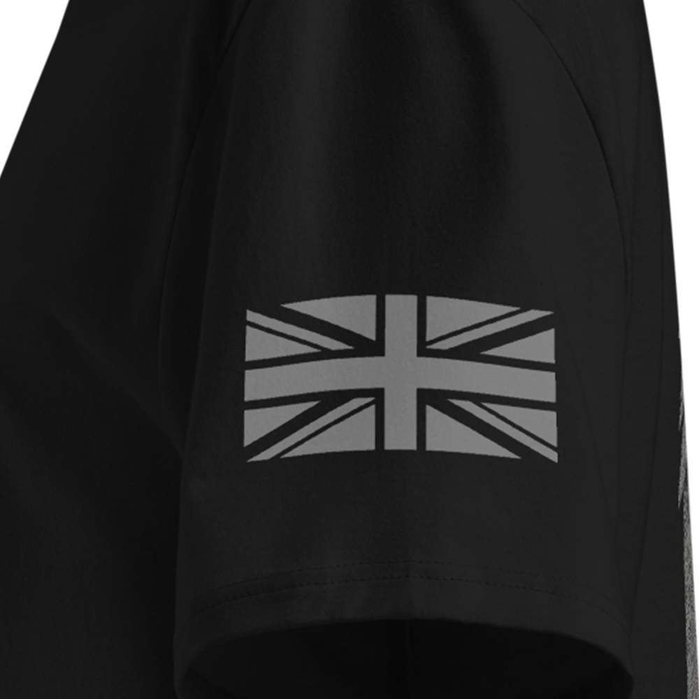Black T-shirt with a Union Jack design on the sleeve against a white background
