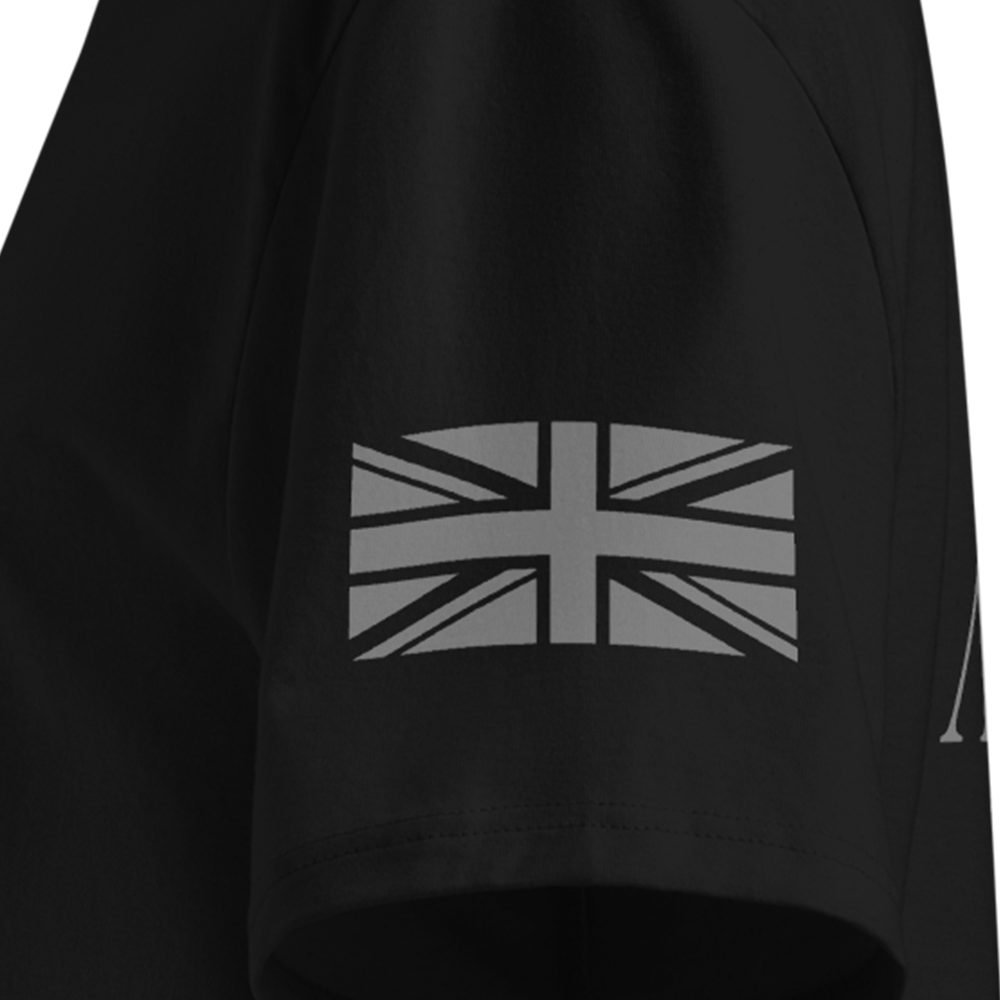 Black short-sleeve shirt with a Union Jack design on the sleeve against a white background