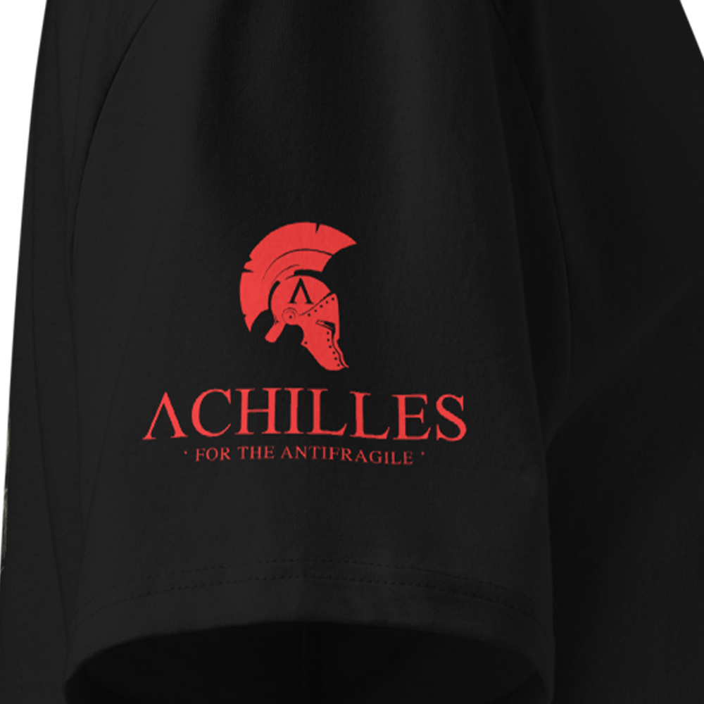 Black shirt with red 'Achilles' logo and text on a dark background