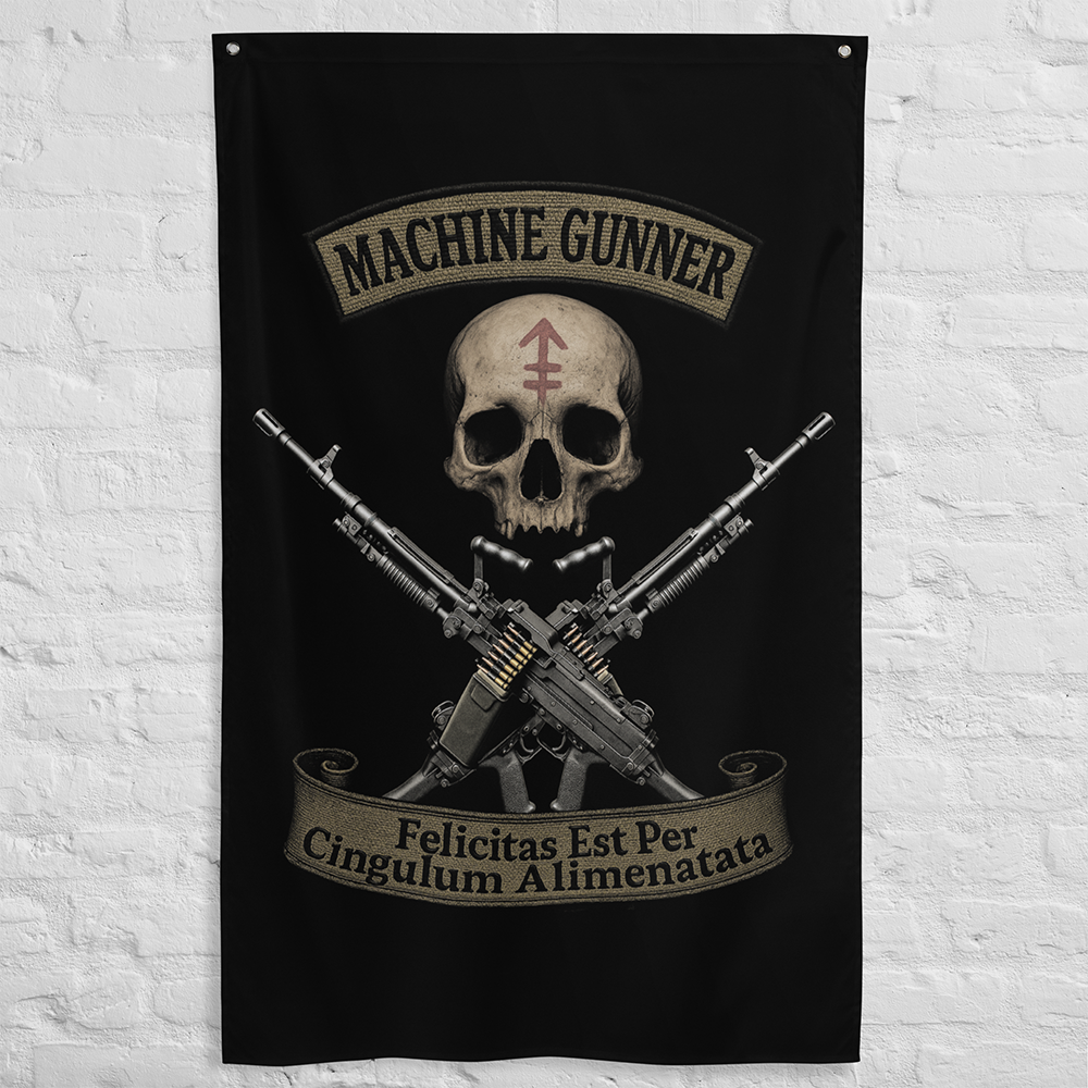 Wall view of all over print vertical banner flag from Achilles Tactical Clothing Brand with Machine Gunner design