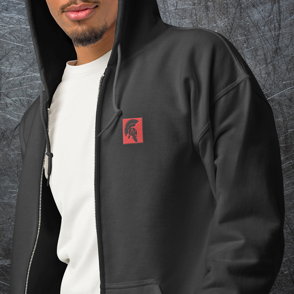 Close up of front of man wearing Achilles Tactical Clothing Brand zipper hoodie from the State Red Collection