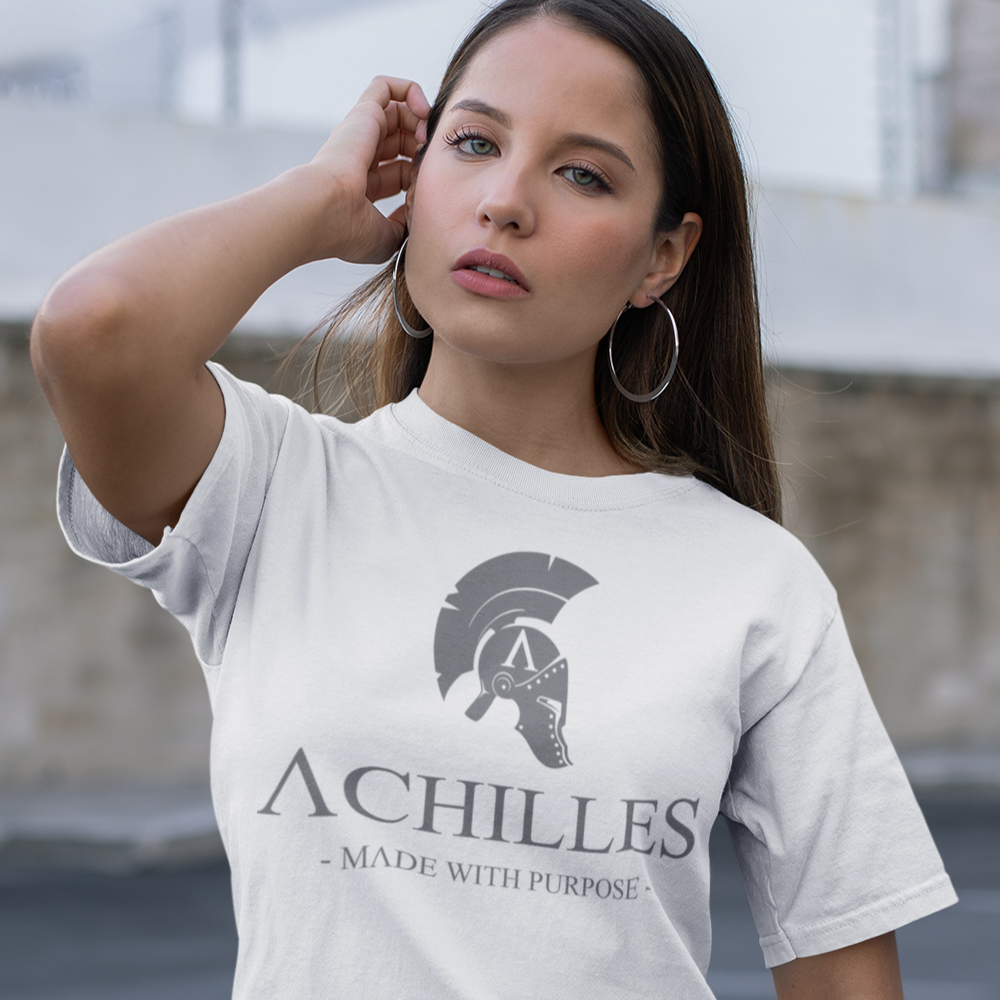 Front view of woman wearing white edition cotton T-shirt by Achilles Tactical Clothing Brand 