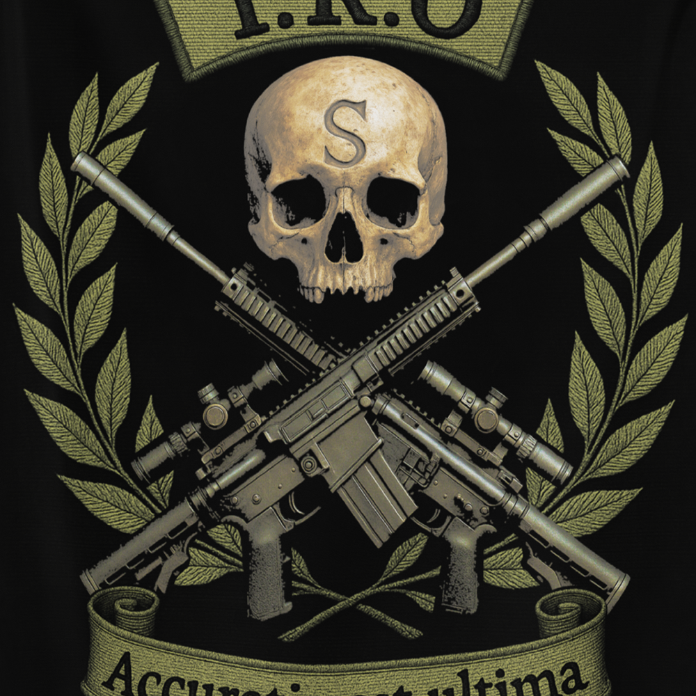 Close up of front view of all over print vertical banner flag from Achilles Tactical Clothing Brand with TRO Accuratio est Ultima design