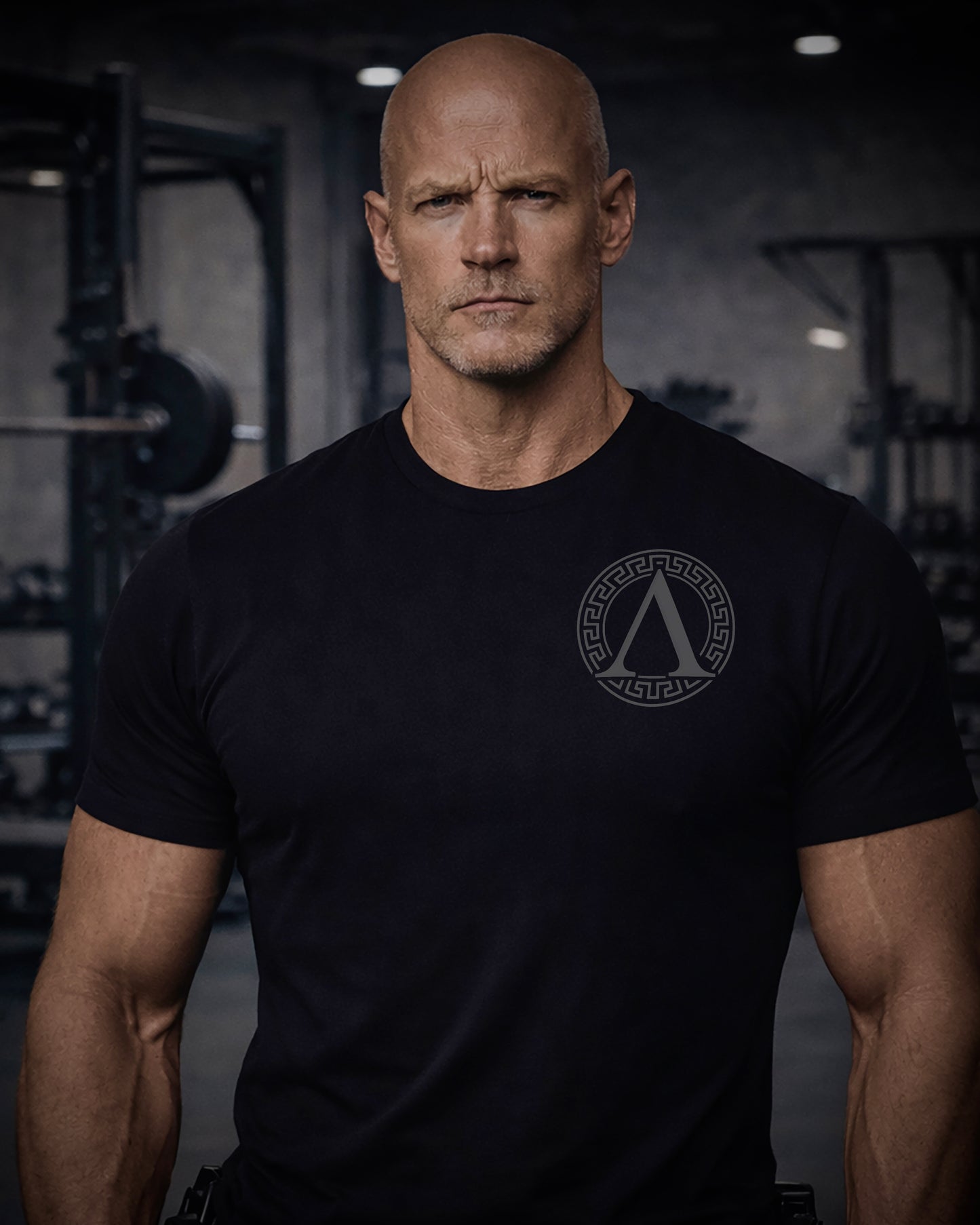 Front view of man wearing black Achilles T-shirt printed with roundel logo on chest