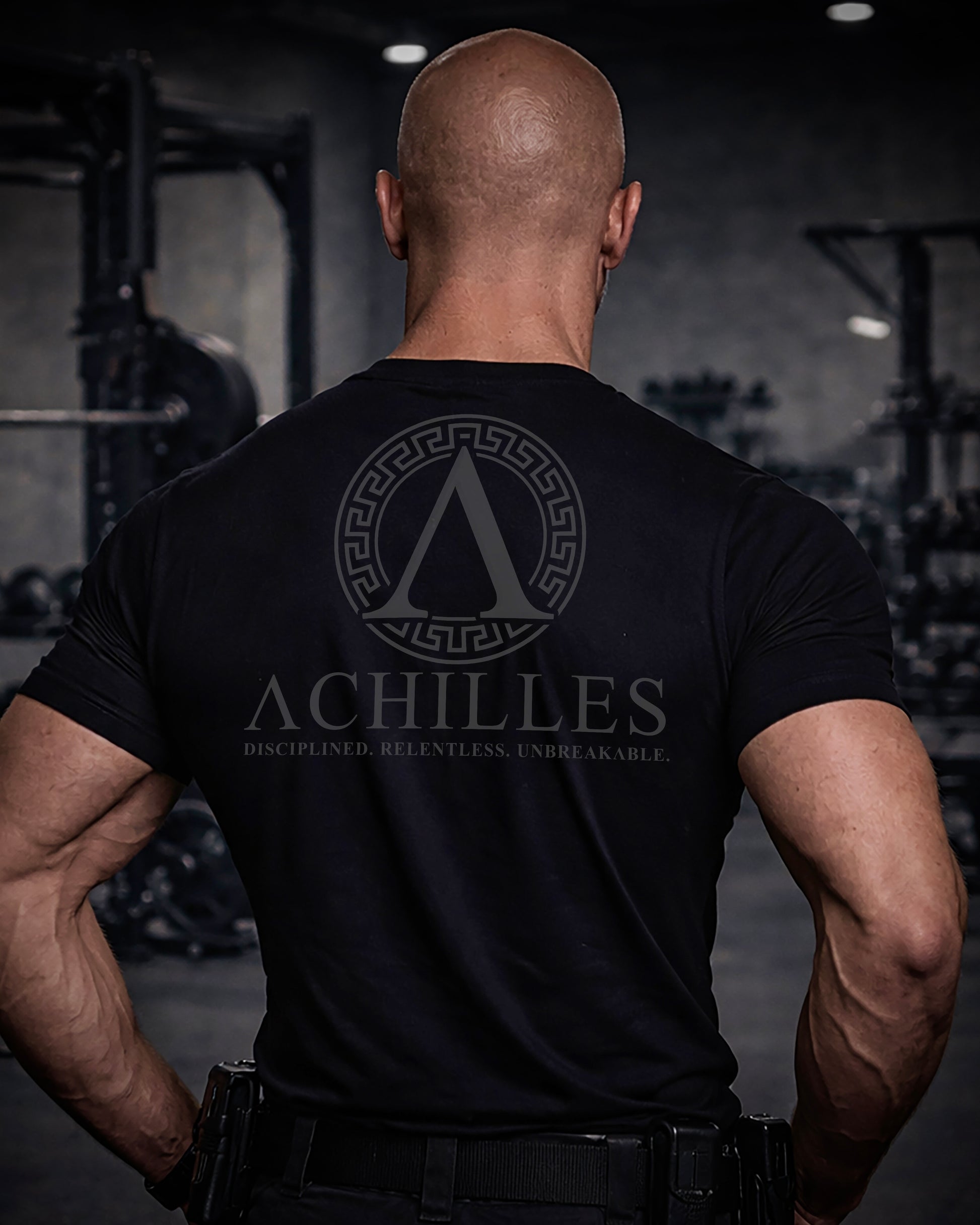 Back view of man wearing black Achilles T-shirt printed with full sigil logo on back