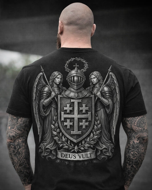 Back of man wearing the Achilles Deus Vult design T-shirt