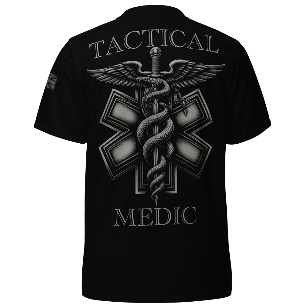 Back view of black short sleeve unisex fit Performance Physical training  PT Jersey by Achilles Tactical Clothing Brand with Tactical Medic Design across back