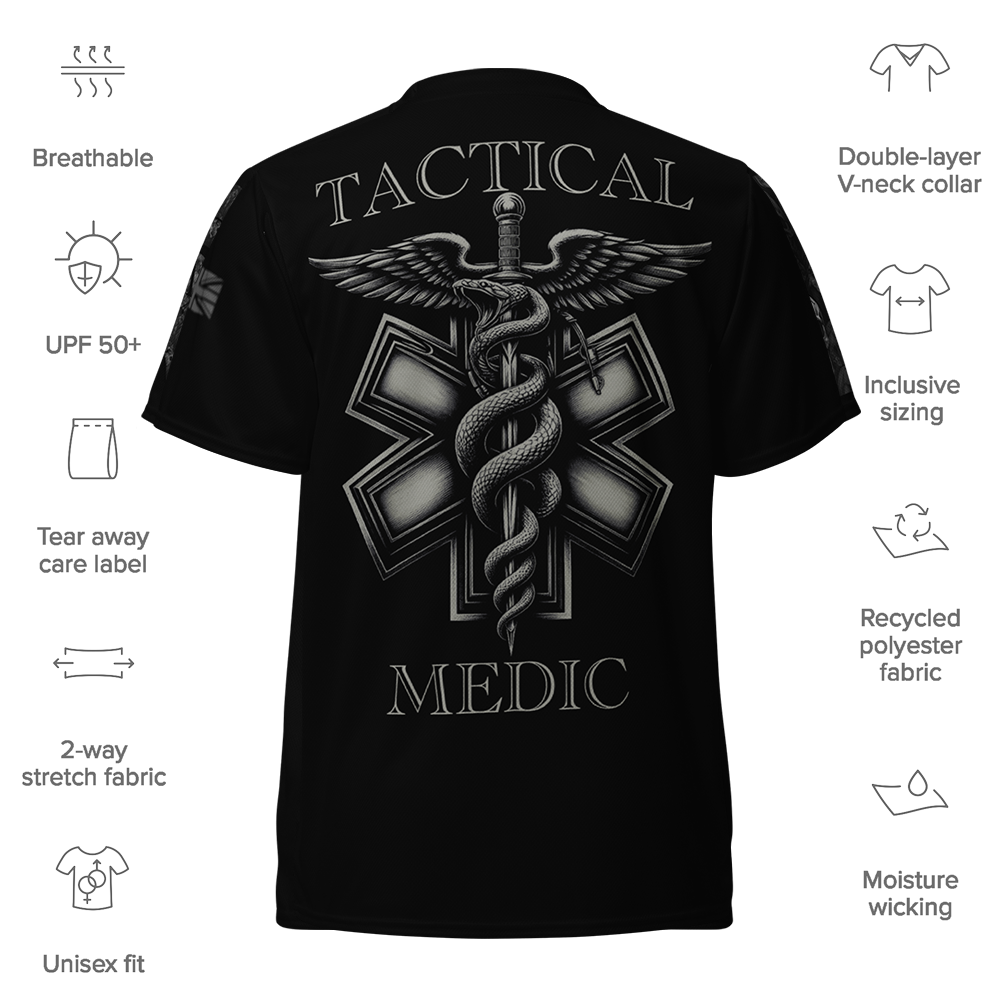 Back view of black short sleeve unisex fit Performance Physical training  PT Jersey by Achilles Tactical Clothing Brand with Tactical Medic Design across back with details