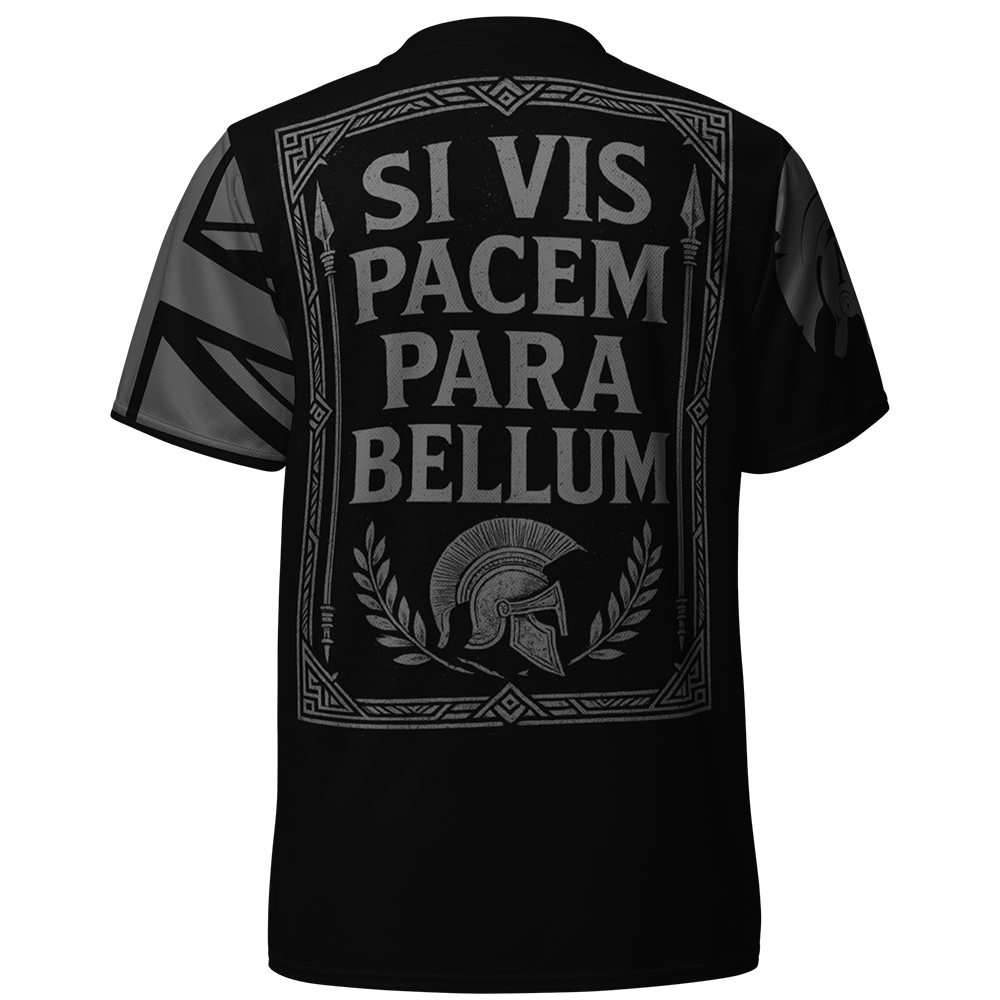 Back view of black short sleeve unisex fit Performance Physical training  PT Jersey by Achilles Tactical Clothing Brand with Si Vis Pacem quote Design across back