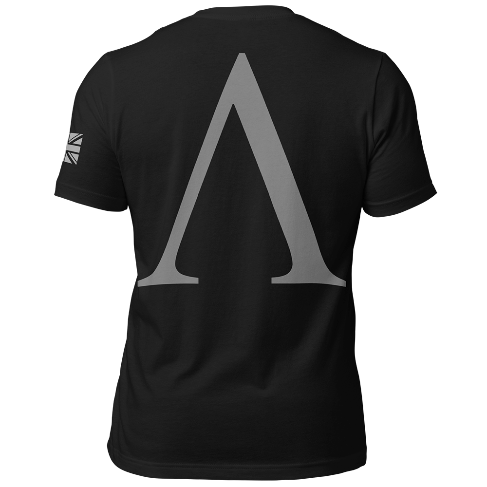 Back view of Black short sleeve unisex fit original cotton T-Shirt by Achilles Tactical Clothing Brand printed with A Brand design across back