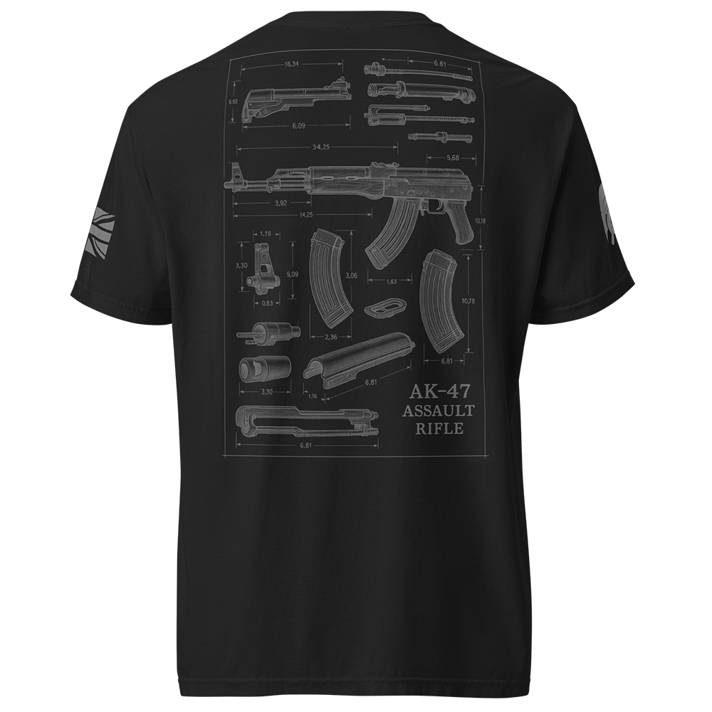 Back view of Black short sleeve unisex fit classic cotton T-Shirt by Achilles Tactical Clothing Brand printed with Large AK-47 design across back