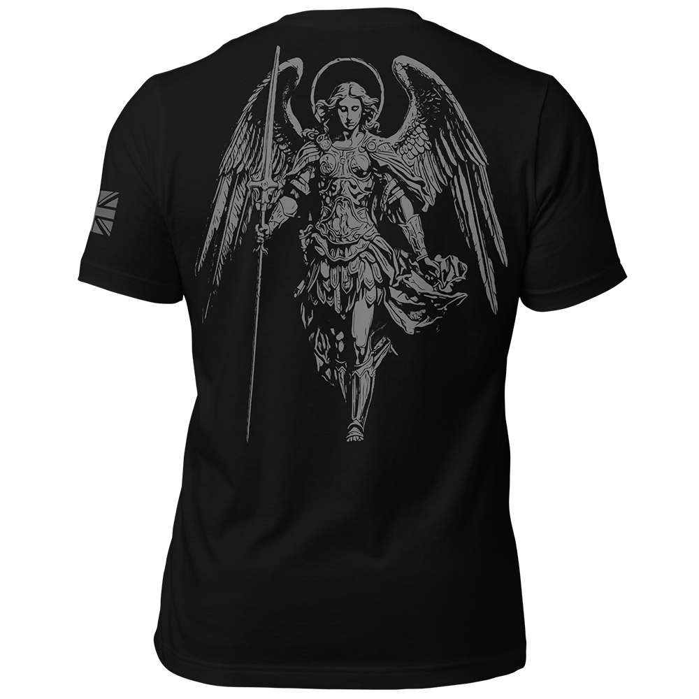 Back view of Black short sleeve unisex fit original cotton T-Shirt by Achilles Tactical Clothing Brand printed with Saint Michael design across back
