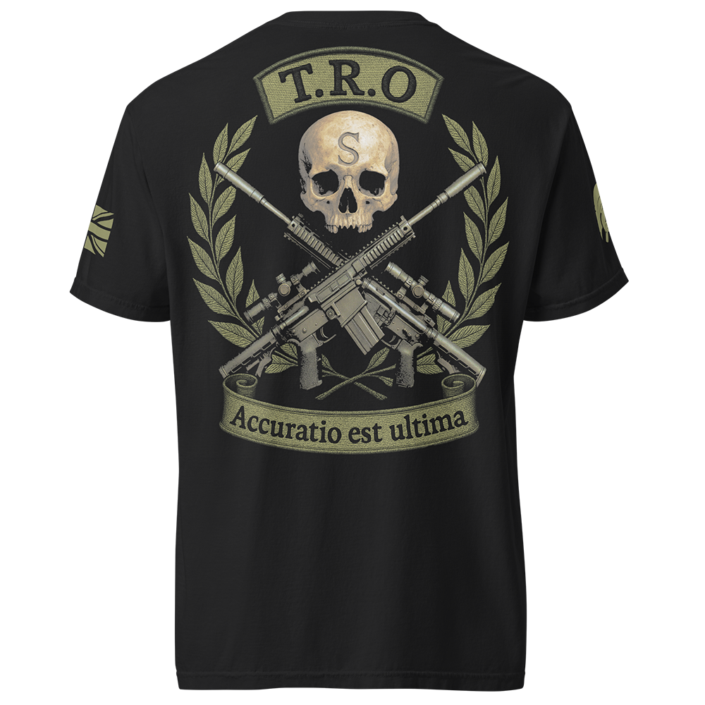 Back view of Black short sleeve unisex fit classic cotton T-Shirt by Achilles Tactical Clothing Brand printed with Large TRO design across back