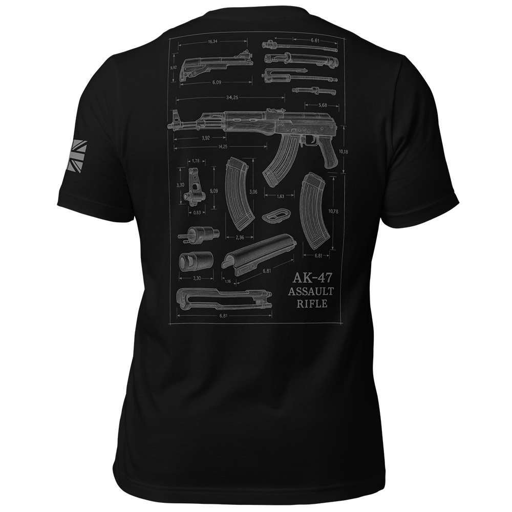 Back view of Black short sleeve unisex fit original cotton T-Shirt by Achilles Tactical Clothing Brand printed with AK-47 design across back