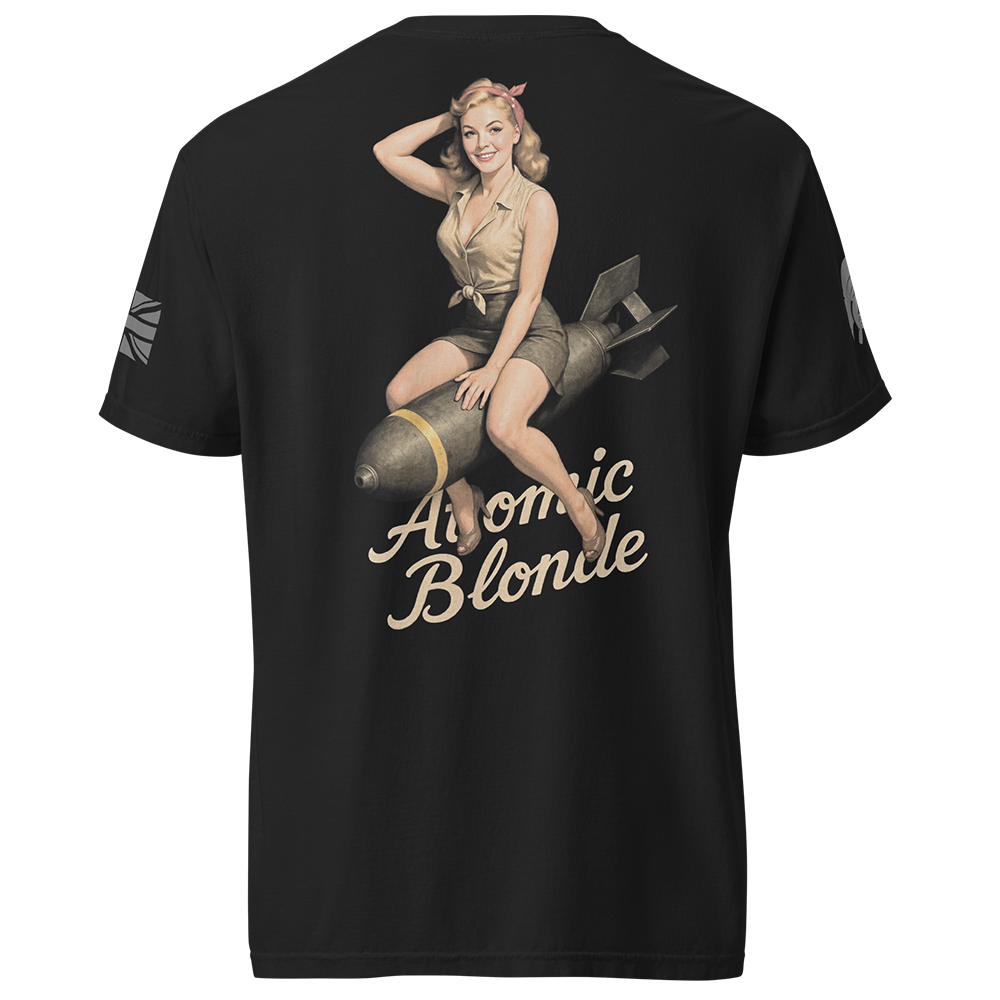 Back view of Black short sleeve unisex fit classic cotton T-Shirt by Achilles Tactical Clothing Brand printed with Large Atomic Bomb design across back