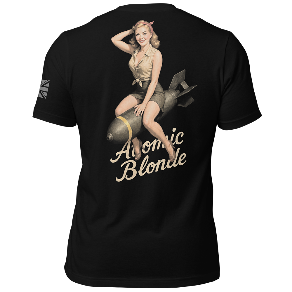 Back view of Black short sleeve unisex fit original cotton T-Shirt by Achilles Tactical Clothing Brand printed with Atomic bomb design across back