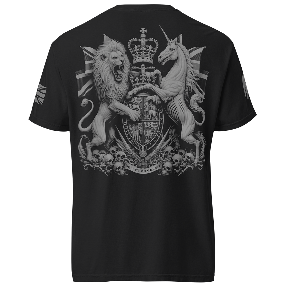 Back view of Black short sleeve unisex fit classic cotton T-Shirt by Achilles Tactical Clothing Brand printed with Large coat of arms design across back
