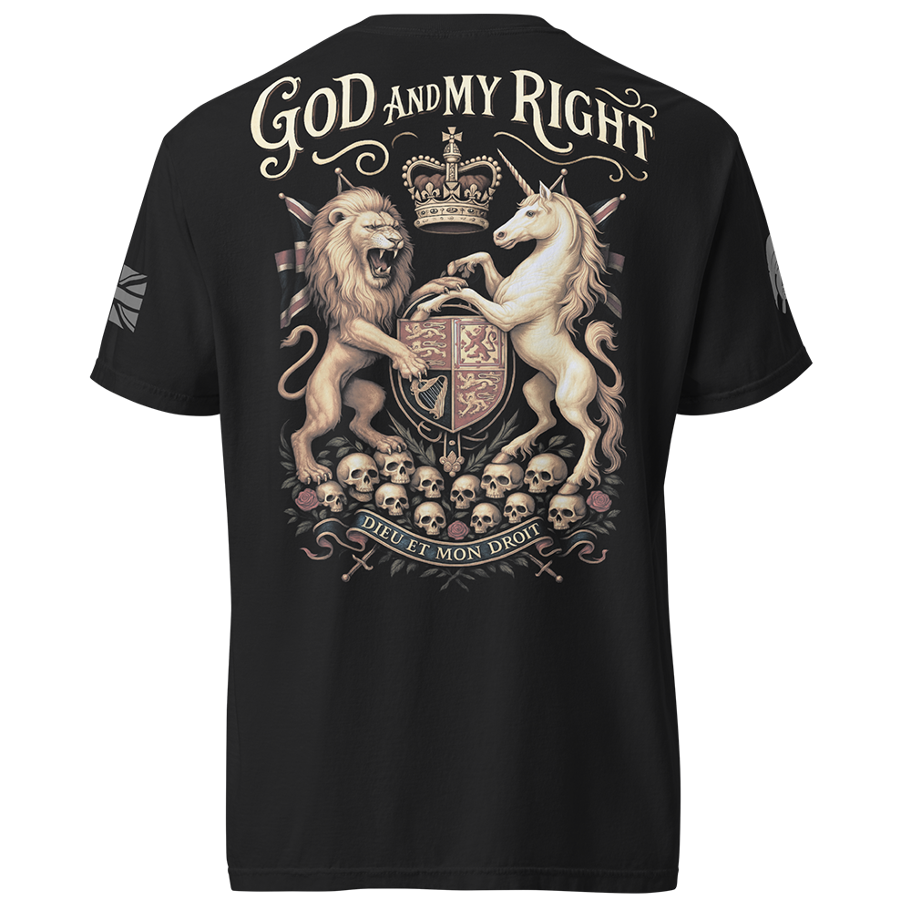 Back view of Black short sleeve unisex fit classic cotton T-Shirt by Achilles Tactical Clothing Brand printed with Large Dieu Et Mon Droit design across back