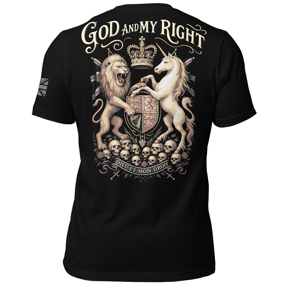 Back view of Black short sleeve unisex fit original cotton T-Shirt by Achilles Tactical Clothing Brand printed with Dieu Et Mon Droit design across back