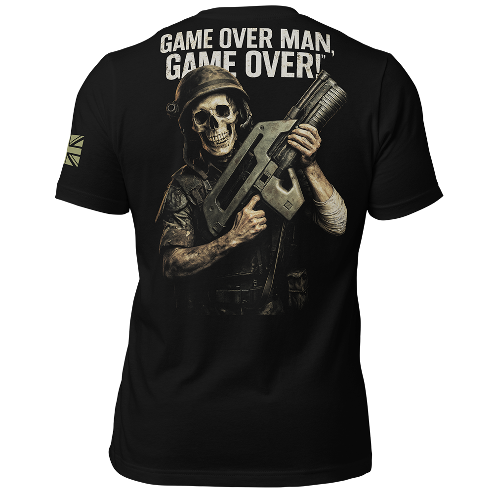 Back view of Black short sleeve unisex fit original cotton T-Shirt by Achilles Tactical Clothing Brand printed with Game over design across back