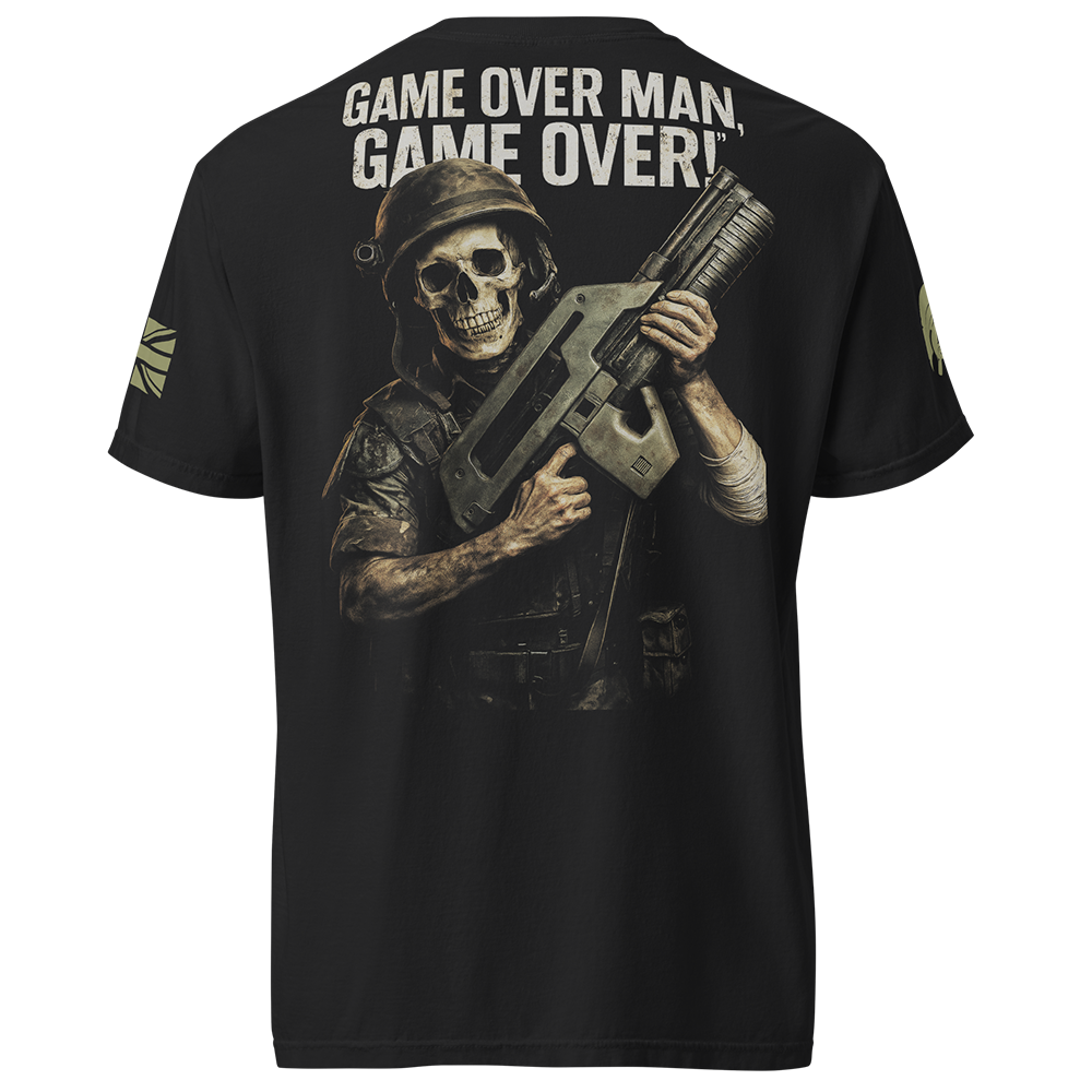 Back view of Black short sleeve unisex fit classic cotton T-Shirt by Achilles Tactical Clothing Brand printed with Large Game over man design across back