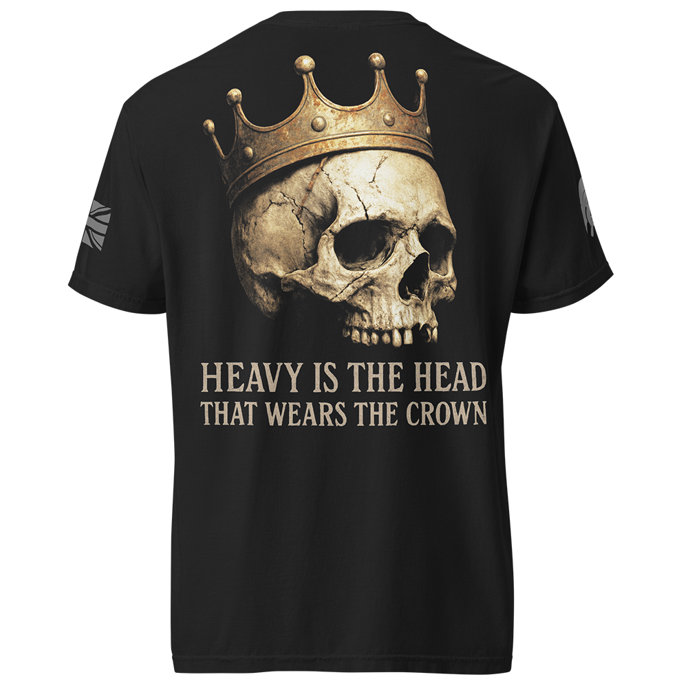 Back view of Black short sleeve unisex fit classic cotton T-Shirt by Achilles Tactical Clothing Brand printed with Large Heavy is the head design across back