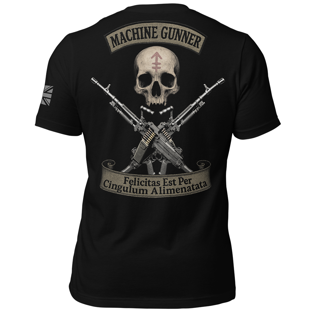 Back view of Black short sleeve unisex fit original cotton T-Shirt by Achilles Tactical Clothing Brand printed wi Machine Gunner design across back