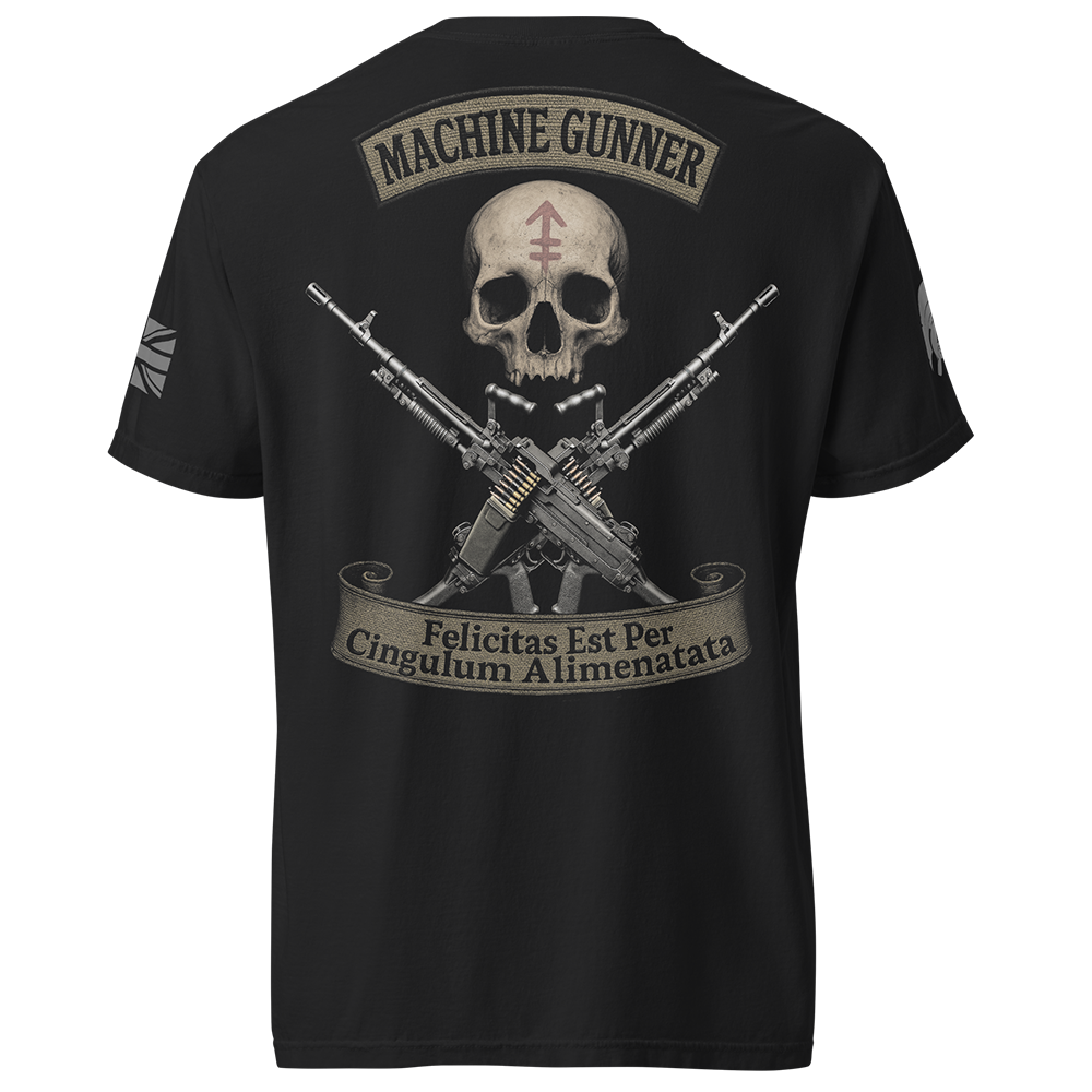 Back view of Black short sleeve unisex fit classic cotton T-Shirt by Achilles Tactical Clothing Brand printed with Large machine gunner design across back